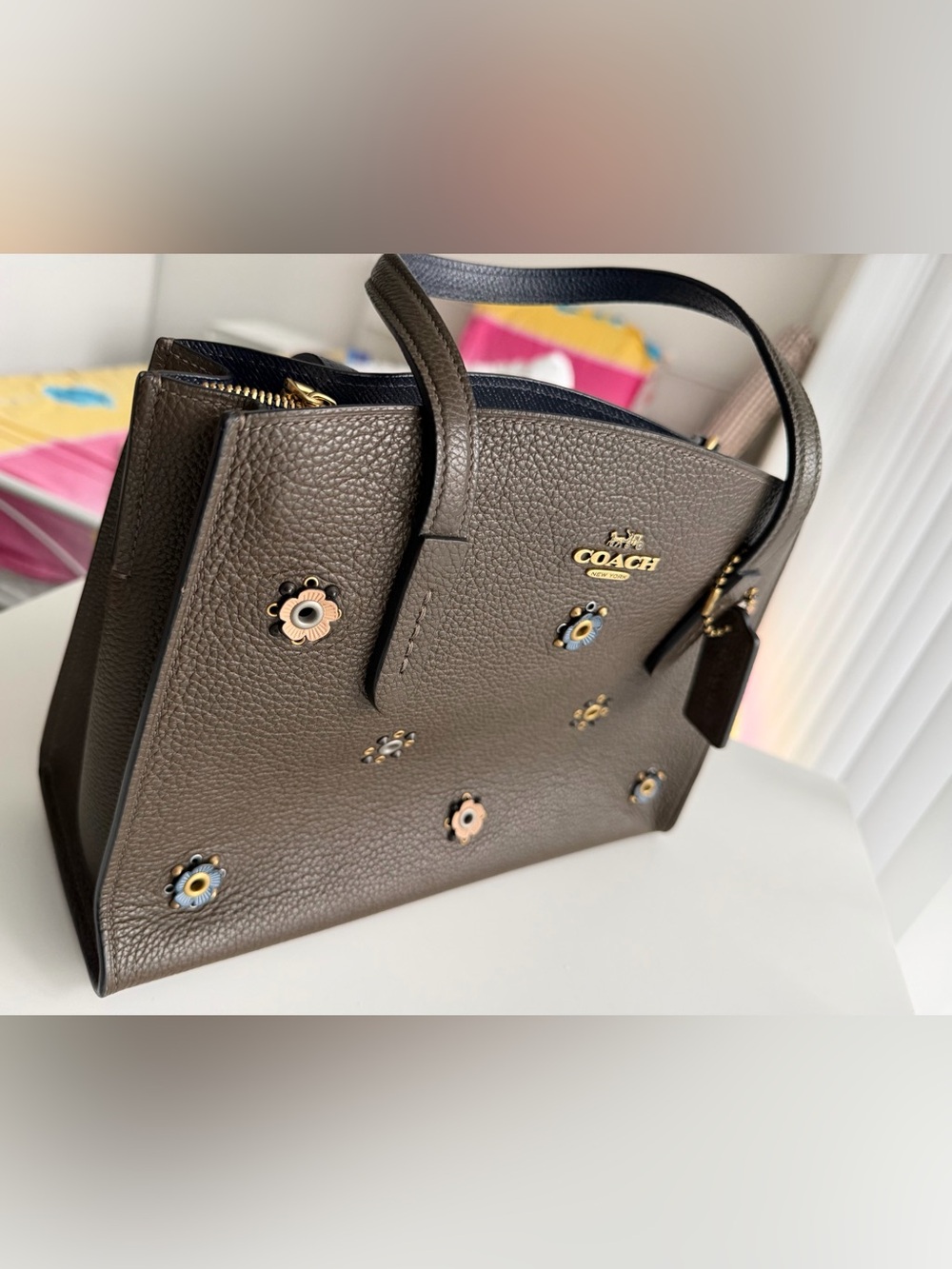 COACH Dark Brown Pebbled Leather Floral Appliqué Tote with Multicolor Accents